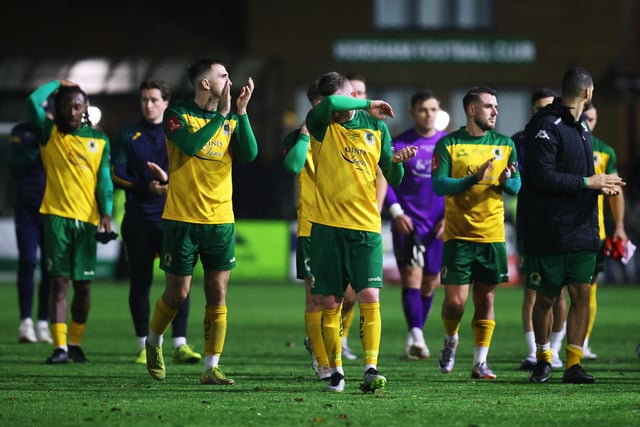 Tom Richards of Horsham looks dejected while acknowledging the fans following the Emirates FA Cup First Round Replay match between Horsham and Barnsley at The Camping World Community Stadium.