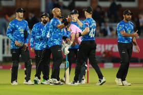 Tymal Mills of Sussex is congratulated by team mates as Susses win the Vitality Blast T20 match between Middlesex and Sussex Sharks at Lord's (Photo by Warren Little/Getty Images)