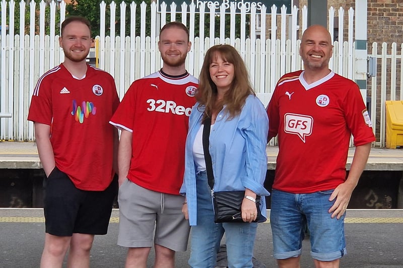 Crawley Town are playing their first ever game at Wembley Stadium. They face Crewe in the League Two play-off final. Here are fans travelling to Wembley and at the Green Man pub ready to watch their Reds heroes.