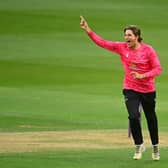 TAUNTON, ENGLAND - AUGUST 19: James Coles of Sussex celebrates the wicket of Adrew Umeed of Somerset during the Royal London One Day Cup match between Somerset and Sussex at The Cooper Associates County Ground on August 19, 2022 in Taunton, England. (Photo by Harry Trump/Getty Images)