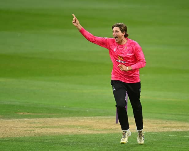 TAUNTON, ENGLAND - AUGUST 19: James Coles of Sussex celebrates the wicket of Adrew Umeed of Somerset during the Royal London One Day Cup match between Somerset and Sussex at The Cooper Associates County Ground on August 19, 2022 in Taunton, England. (Photo by Harry Trump/Getty Images)