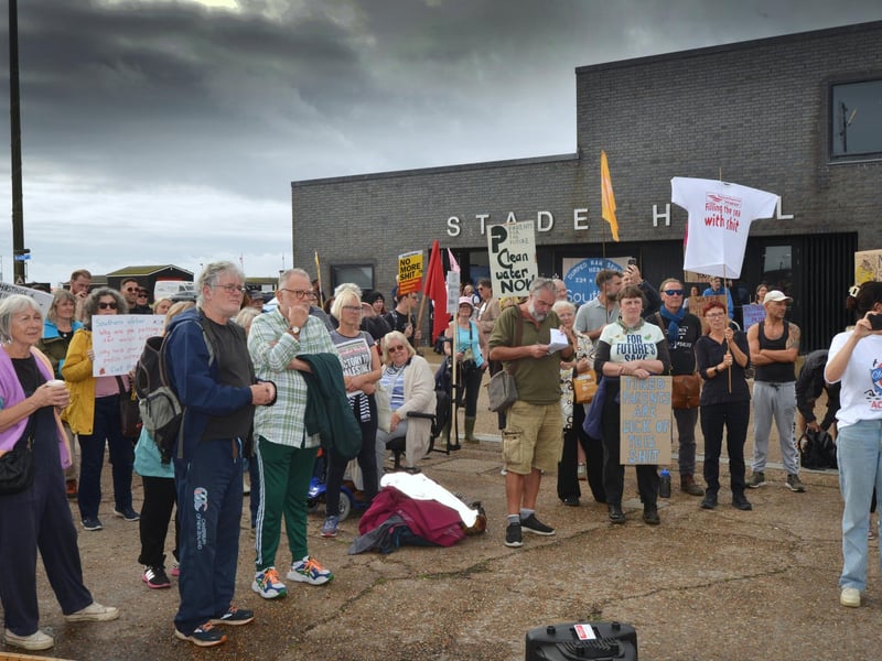 Protest outside Southern Water's Your Water Matters event in Hastings Old Town on October 12 2023.