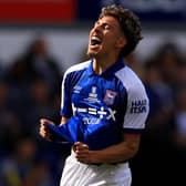 IPSWICH, ENGLAND - APRIL 13: Jeremy Sarmiento of Ipswich Town reacts during the Sky Bet Championship match between Ipswich Town and Middlesbrough at Portman Road on April 13, 2024 in Ipswich, England. (Photo by Stephen Pond/Getty Images)