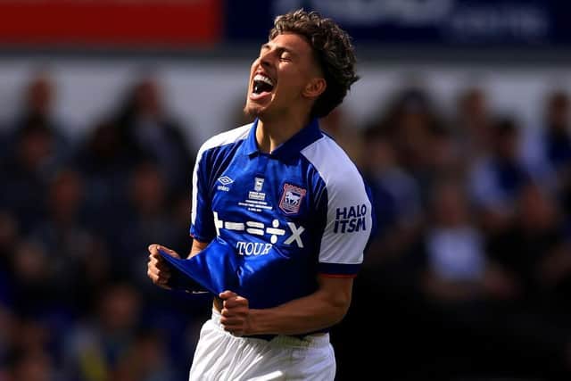 IPSWICH, ENGLAND - APRIL 13: Jeremy Sarmiento of Ipswich Town reacts during the Sky Bet Championship match between Ipswich Town and Middlesbrough at Portman Road on April 13, 2024 in Ipswich, England. (Photo by Stephen Pond/Getty Images)