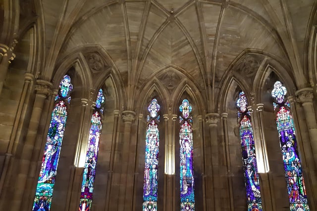 The stunning stained glass windows in the chapel. Picture: Katherine HM