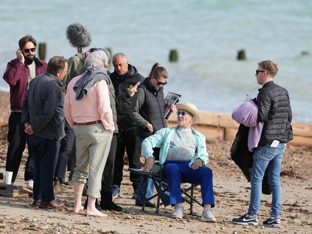 Sir Ian McKellen and Roger Allam were spotted filing together on Worthing beach today (October 7, 2025)