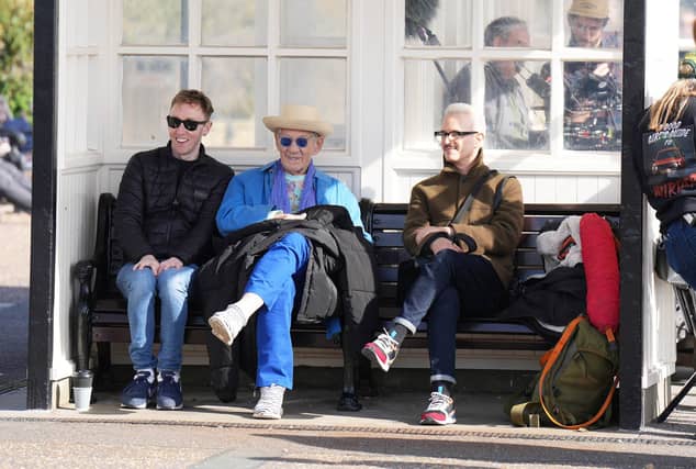 Sir Ian McKellen and Roger Allam were spotted filing together on Worthing beach today (October 7, 2025)