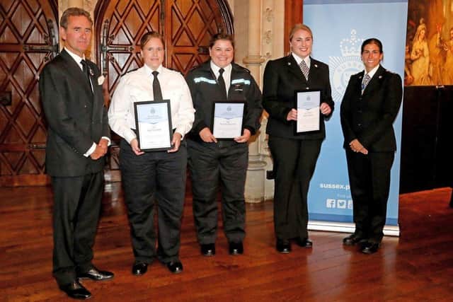 The four officers were among dozens of police employees, commended for their achievements at the West Sussex Divisional Awards ceremony, held at Arundel Castle on Monday, September 26.
(Left to right) Vice Lord Lieutenant Sir Richard Kleinwort, PCSO Ardak, PCSO Coyte-Smith, PC Graysmark, Chief Insp Sarah Leadbeatter. Photo: Sussex Police