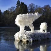 Polar bears made from re-purposed plastic milk containers at Sheffield Park and Garden, Sussex