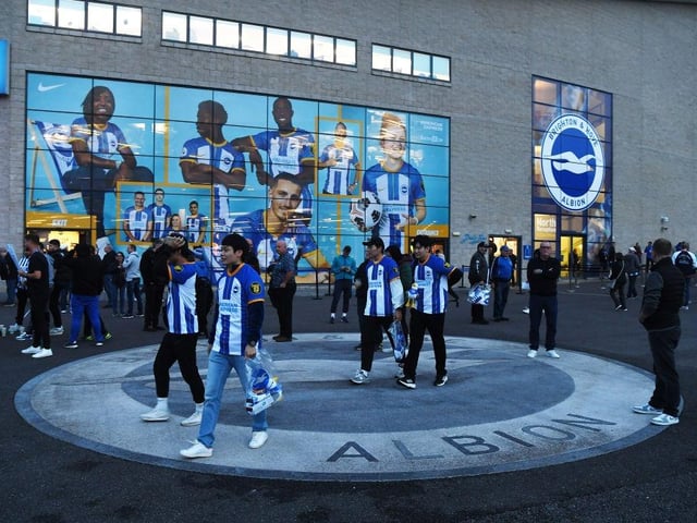 BRIGHTON, ENGLAND - OCTOBER 18: Brighton & Hove Albion fans arrive at the stadium prior to the Premier League match between Brighton & Hove Albion and Nottingham Forest at American Express Community Stadium on October 18, 2022 in Brighton, England. (Photo by Mike Hewitt/Getty Images)