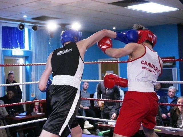 Action from Crawley's junior boxing squad at their annual blockbuster at the Goffs Park Social Club on Sunday. Picture by Max Spanner Photography
