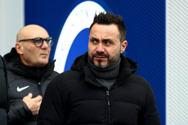 Roberto De Zerbi, Manager of Brighton & Hove Albion, looks on prior to the Premier League match between Brighton & Hove Albion and Burnley FC at American Express Community Stadium on December 09, 2023, in Brighton, England. (Photo by Bryn Lennon/Getty Images)