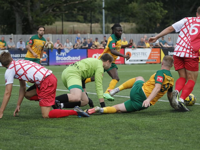 Action from Horsham's home defeat to Carshalton Athletic. Picture by John Lines