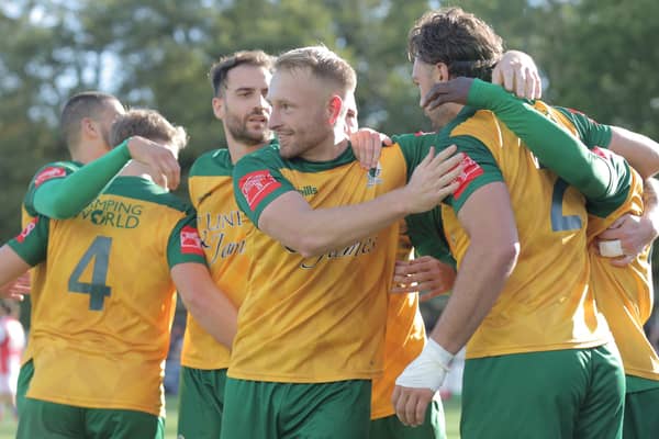 ​Horsham celebrate on their way to beating Dorking in the last round – setting up their first round spot. Picture by Natalie Mayhew/ButterflyFootball