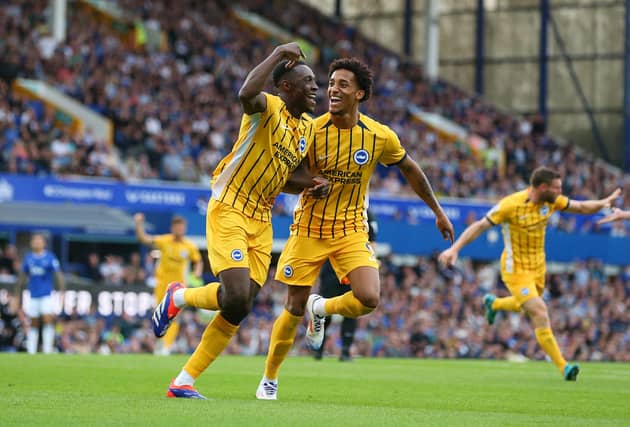 Danny Welbeck of Brighton & Hove Albion celebrates scoring his team's second goal at Everton with teammate Joao Pedro