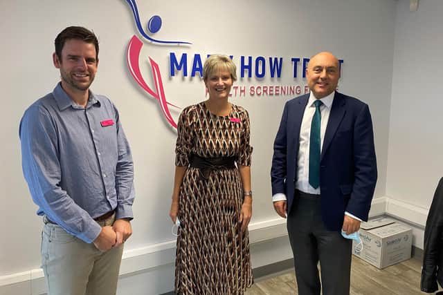 Andrew with Jack Lerwill, Practice Manager, and Lynda Vowles, Chief Executive Officer, at Mary How Trust in Pulborough.