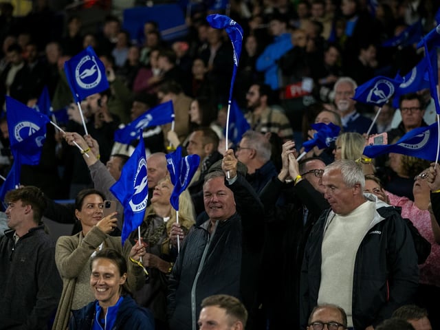 Brighton fans pictured at a historic night at the Amex as they payed their first ever game in Europe against EK Athens in the Europa League.