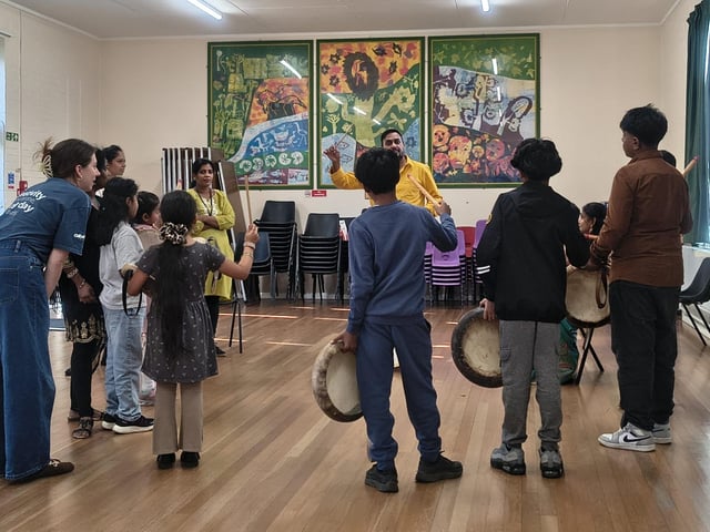 Children and adults came together in Crawley to discover the powerful rhythms of Parai, a traditional Tamil drumming art form, at a community workshop organised by Aurvi Collective