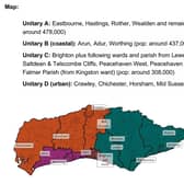 Sussex map showing the four-unitary option for local government reorganisations.