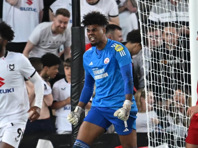Crawley Town goalkeeper Corey Addai (1) celebrates his penalty save during the EFL Sky Bet League 2 play-off second leg match between Milton Keynes Dons and Crawley Town at stadium:mk, Milton Keynes, England on 11 May 2024.