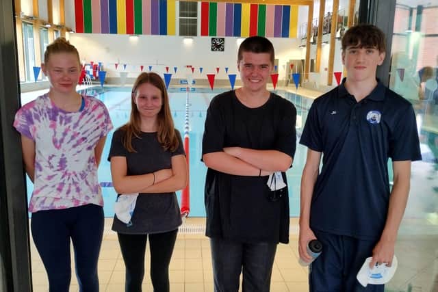 Sophia Hendey, Tassia Wormald, Jack Bristow and Jude Morris at the Royal Life Saving Society’s south east region competition at Windlesham House School