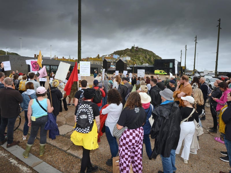 Protest outside Southern Water's Your Water Matters event in Hastings Old Town on October 12 2023.