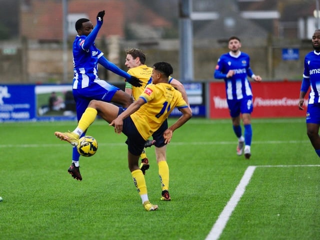 Action from Lancing FC's 1-0 home loss to East Grinstead Town in the Isthmian south east division
