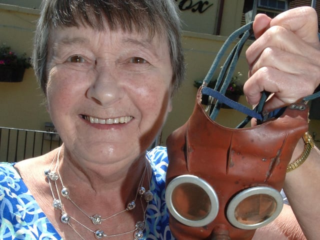 Helen Wildman at the reunion with school gas mask