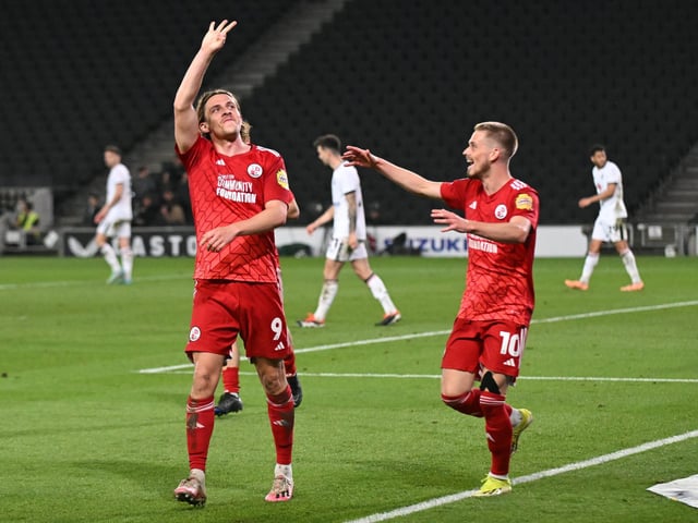 Crawley Town forward Danilo Orsi (9) scores a goal and celebrates (hat trick) and holds up 3 fingers 1-5 during the EFL Sky Bet League 2 play-off second leg match between Milton Keynes Dons and Crawley Town at stadium:mk, Milton Keynes, England on 11 May 2024.:Crawley Town hammered MK Dons 5-1 - and 8-1 on aggregate - to reach the League Two play-off final Wembley. Photographer Dennis Goodwin/Pro Sport Images was there to catch the action, the crowd and the celebrations