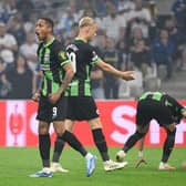 Brighton's Brazilian striker Joao Pedro (L) celebrates after scoring a penalty during the UEFA Europa League Group B first leg football match at Olympique de Marseille