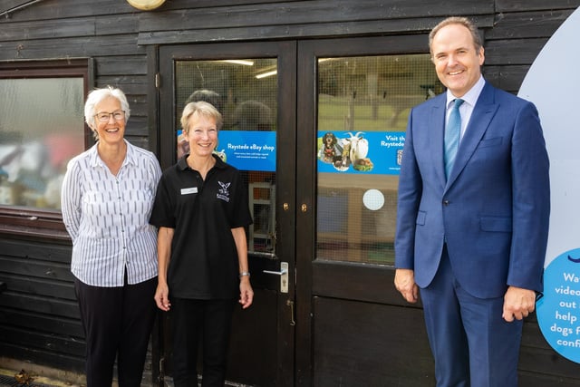 The Lord-Lieutenant of East Sussex with Fran (volunteer) and Angela Woodall (Online Shop Manager) at Raystede online shop