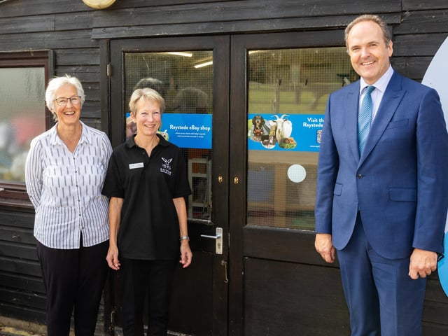 The Lord-Lieutenant of East Sussex with Fran (volunteer) and Angela Woodall (Online Shop Manager) at Raystede online shop