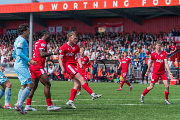 Joe Cook - who has agreed a new Worthing deal - scores in the title-clinching win v Ebbsfleet | Picture by Jay Wrighte