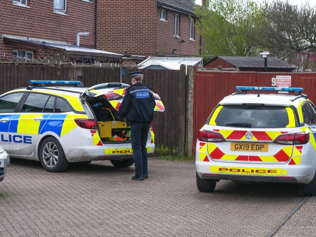 Photos show police cars, officers and a cordoned off area in Bewbush, Crawley, this afternoon (Saturday, April 15)