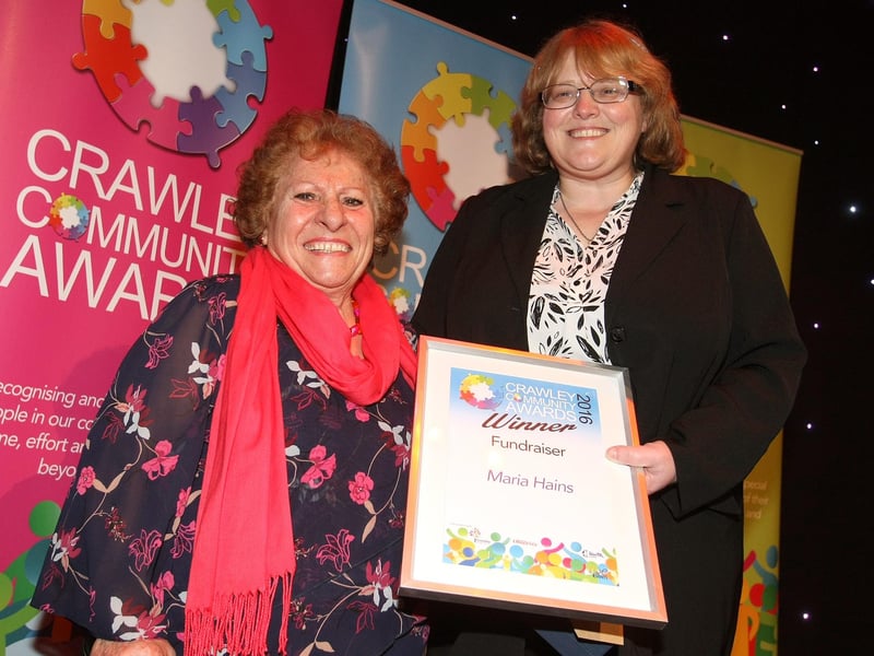 Crawley Community Awards 2016. Maria Hains receives the Fundraiser award from Karen Dunn on behalf of The Crawley Observer. Photo by Derek Martin