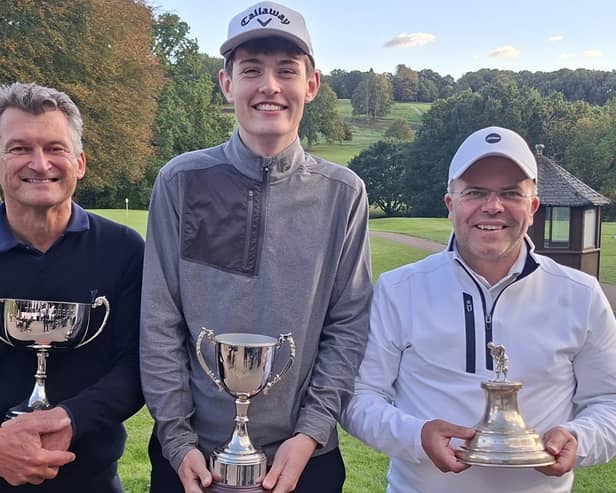 Tom Anderson Cup winner Tom Smith and Club Order of Merit and Agate Trophy winners Douglas Howell and Steve Wright