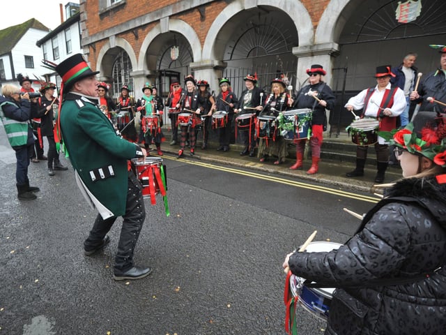 The 71st National Town Criers' Championships in Rye on October 12 2024. Ryebellion Drummers.