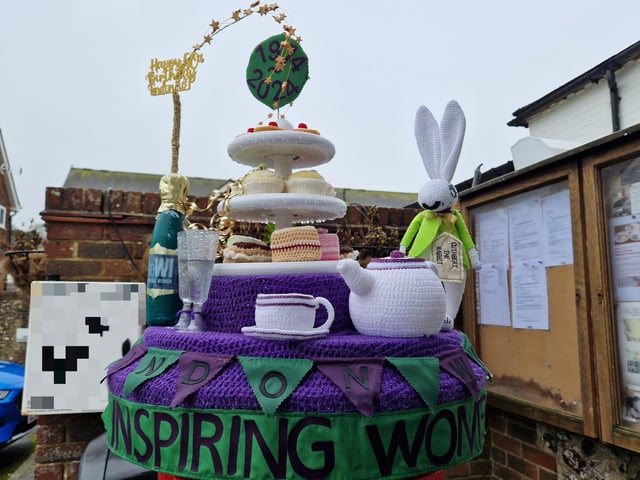 A stunning afternoon tea made from crochet has been formed into a post box topper to celebrate the 50th anniversary of Findon Village WI