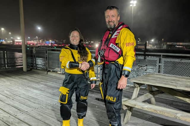 Katie with lifeboat training assessor Chris Glasspool. Photo: Newhaven RNLI