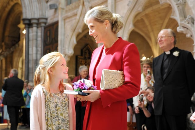 The Countess of Wessex with Rosie Bedford, who presented her with a bouquet