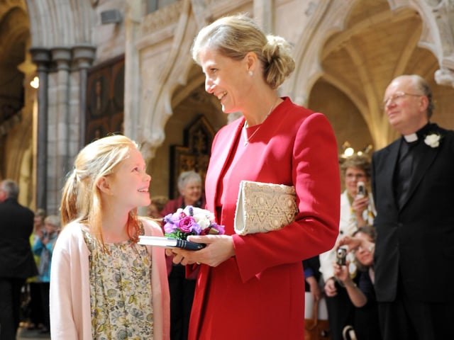 The Countess of Wessex with Rosie Bedford, who presented her with a bouquet