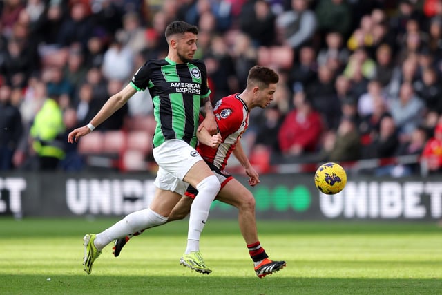 SHEFFIELD, ENGLAND - FEBRUARY 18: Jakub Moder of Brighton & Hove Albion battles for possession with shu2during the Premier League match between Sheffield United and Brighton & Hove Albion at Bramall Lane on February 18, 2024 in Sheffield, England. (Photo by Matt McNulty/Getty Images)
