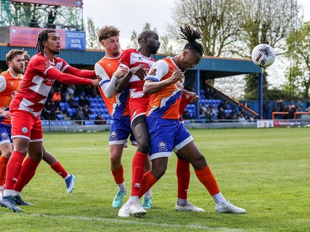 Action from Eastbourne Borough's final-day 3-2 win at Braintree - the Sports have stayed up with six points to spare