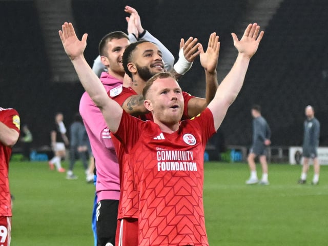 Crawley Town forward Adam Campbell (28) celebrates victory during the EFL Sky Bet League 2 play-off second leg match between Milton Keynes Dons and Crawley Town at stadium:mk, Milton Keynes, England on 11 May 2024.:Crawley Town hammered MK Dons 5-1 - and 8-1 on aggregate - to reach the League Two play-off final Wembley. Photographer Dennis Goodwin/Pro Sport Images was there to catch the action, the crowd and the celebrations