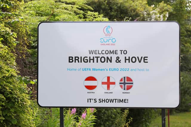 The new UEFA Women’s EURO roadsign in Brighton showcases the national flags of Austria, England and Norway and will be in place for the duration of the tournament
(Photo by Steve Bardens/Getty Images)