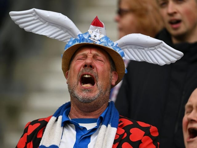 BRIGHTON, ENGLAND - MARCH 19: A Brighton & Hove Albion fan shows their support by wearing a seagull hat during the Emirates FA Cup Quarter Final match between Brighton & Hove Albion and Grimsby Town at Amex Stadium on March 19, 2023 in Brighton, England. (Photo by Mike Hewitt/Getty Images)