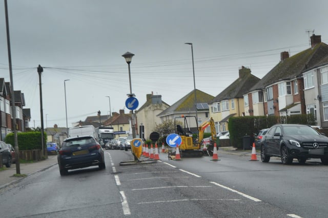 Roadworks on the A259 Bexhill Road near to Blackbrooks Garden Centre. April 3 2024.
