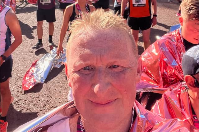 Tony Hogben after completing the London Marathon on Sunday