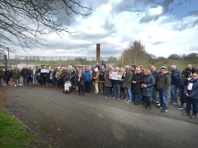Public gathering by the gates of the Northeye site in Bexhill on Saturday April 1, 2023