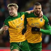 Charlie Hester-Cook (left) celebrates Shamir Fenelon's goal in Horsham's thrilling FA Cup first round draw at Barnsley. Picture by Natalie Mayhew, ButterflyFootie